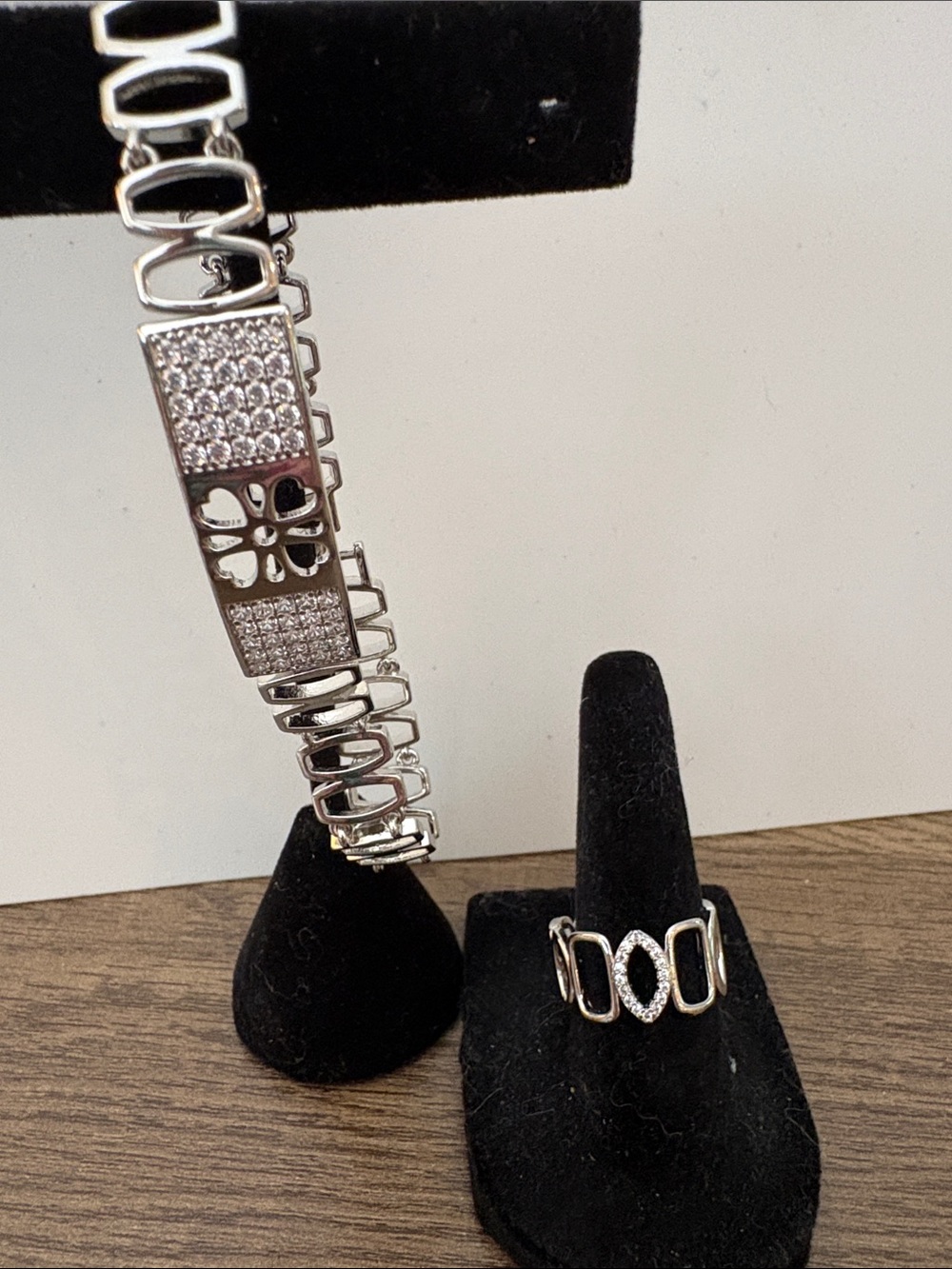 Pretty Bird Silver-Tone Floral Pavé Bracelet and Geometric Link Ring Set